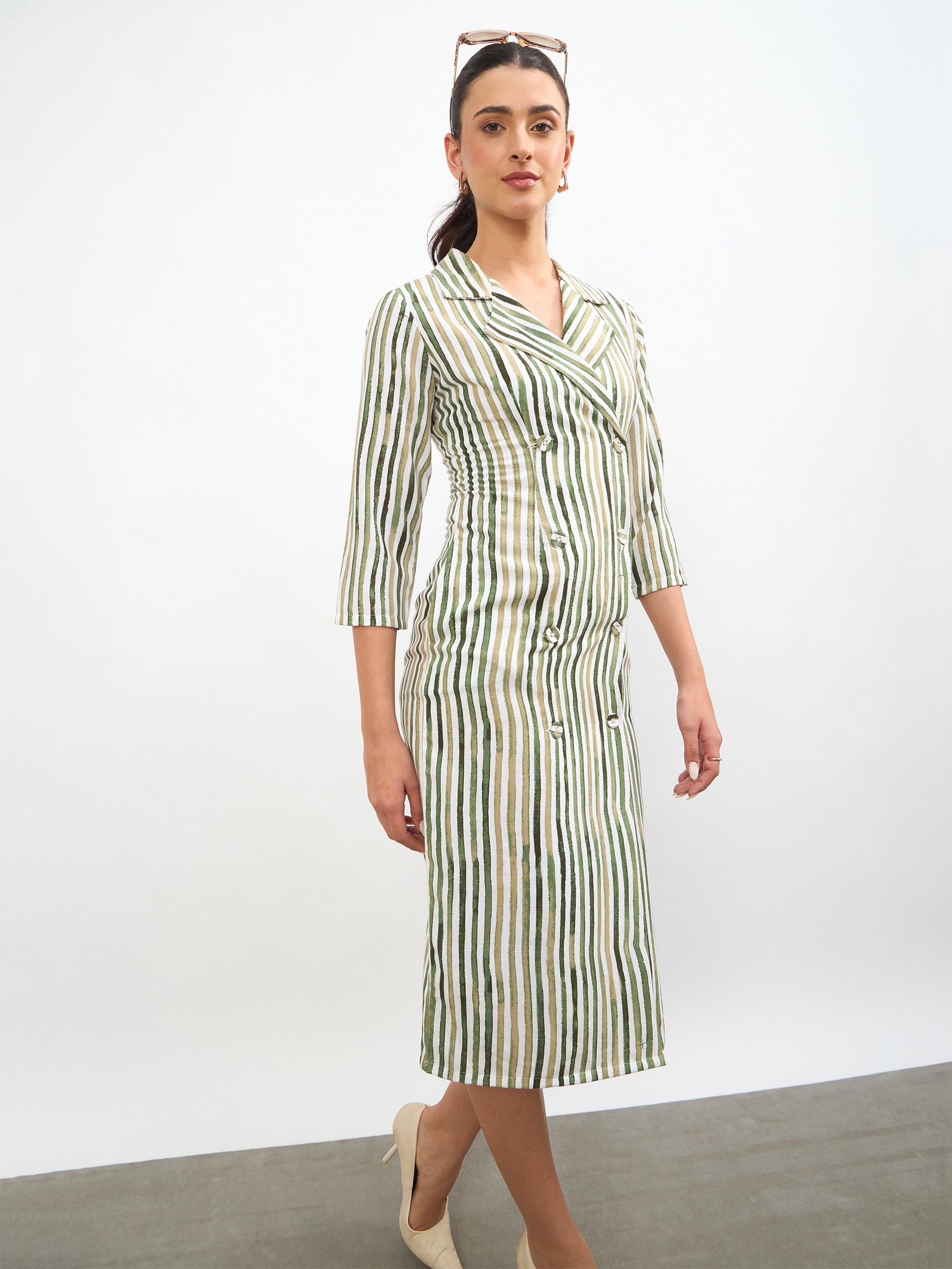 Green Linen Striped Double Breasted Blazer Dress-SASSAFRAS worklyf
