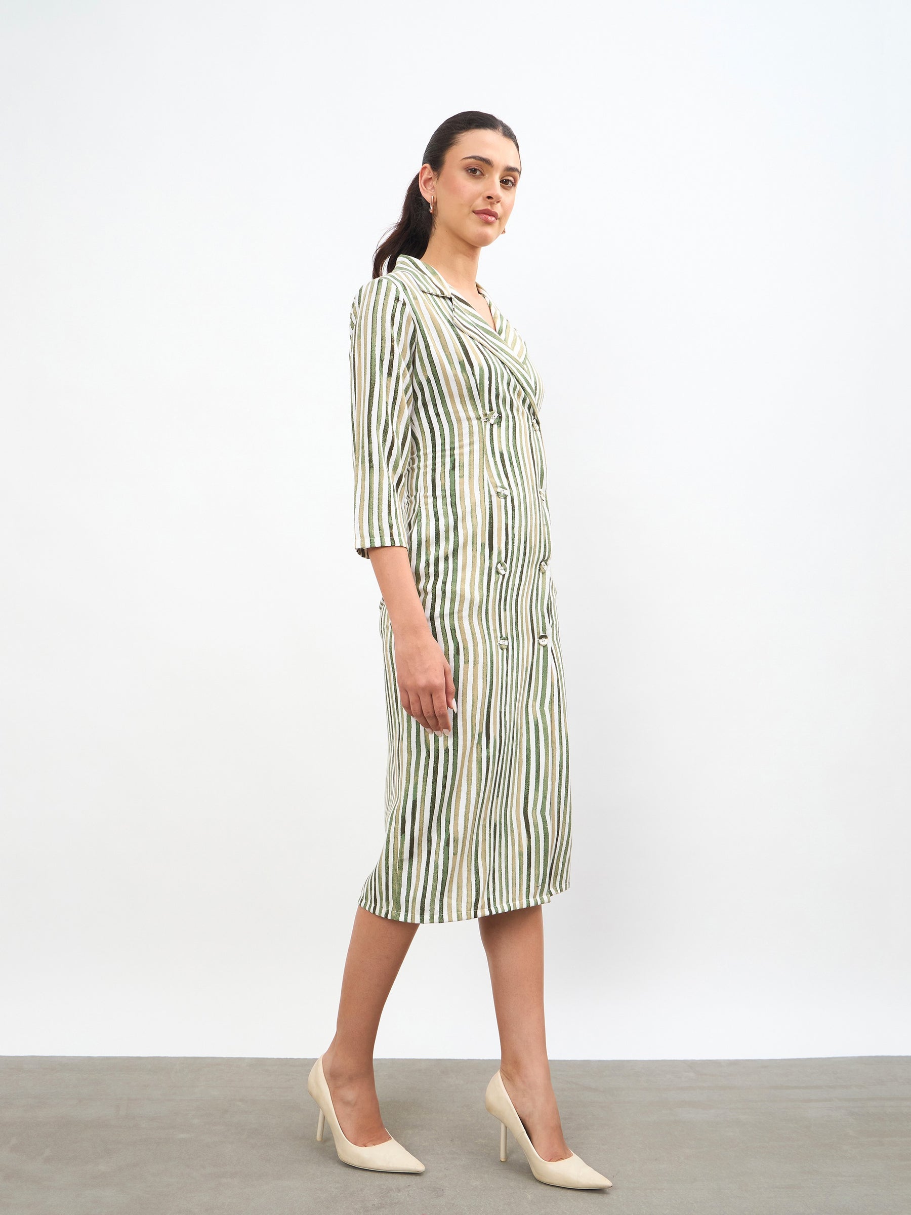 Green Linen Striped Double Breasted Blazer Dress-SASSAFRAS worklyf
