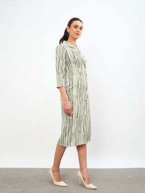 Green Linen Striped Double Breasted Blazer Dress-SASSAFRAS worklyf