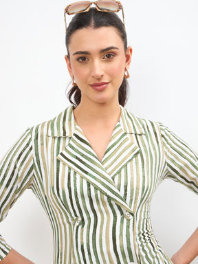 Green Linen Striped Double Breasted Blazer Dress-SASSAFRAS worklyf