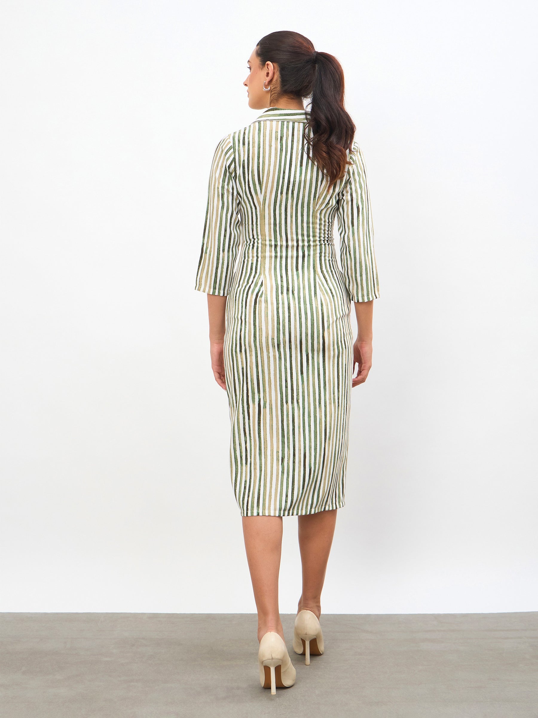 Green Linen Striped Double Breasted Blazer Dress-SASSAFRAS worklyf