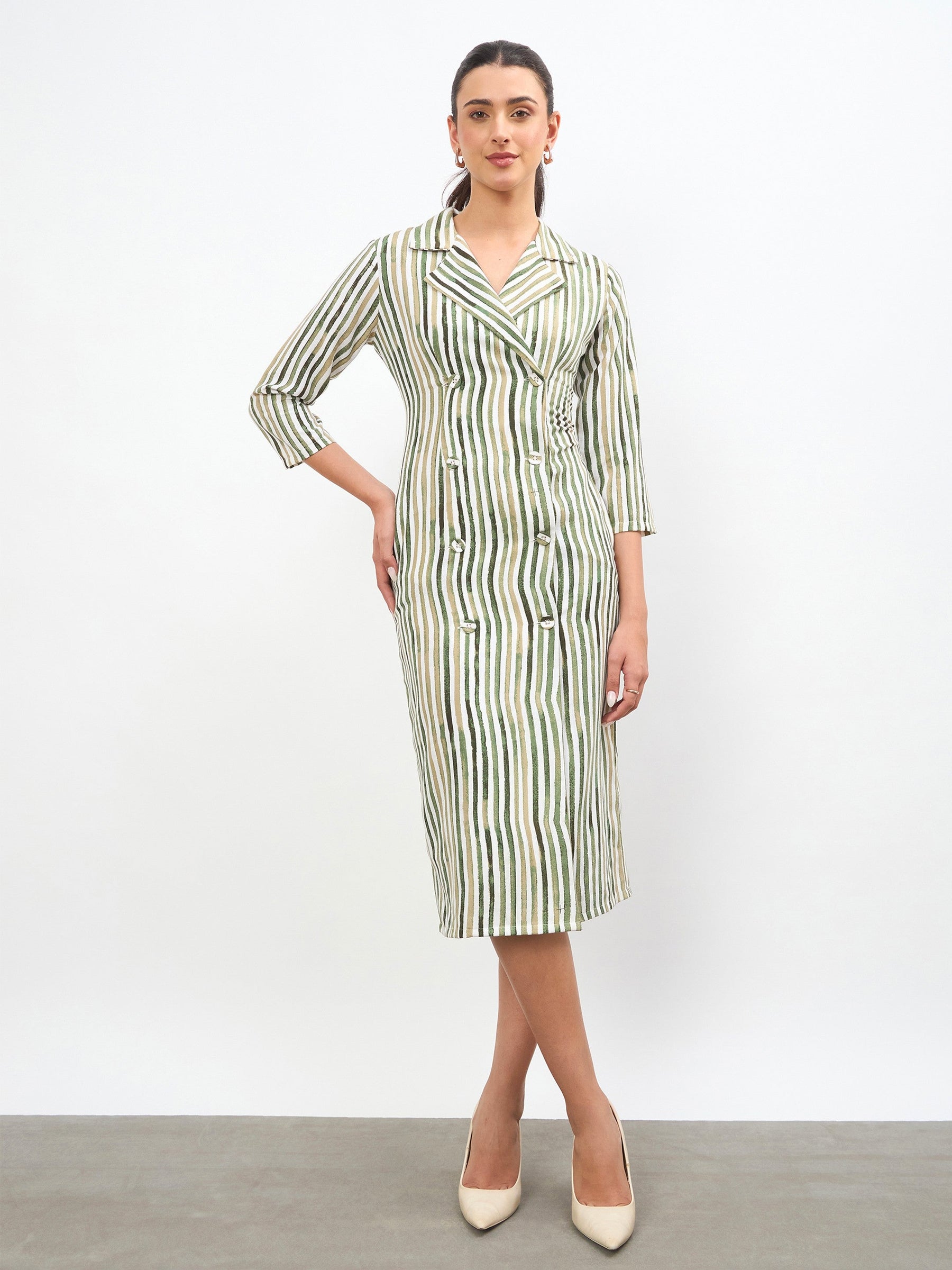 Women Green Linen Striped Double Breasted Blazer Dress