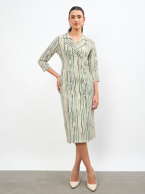 Women Green Linen Striped Double Breasted Blazer Dress