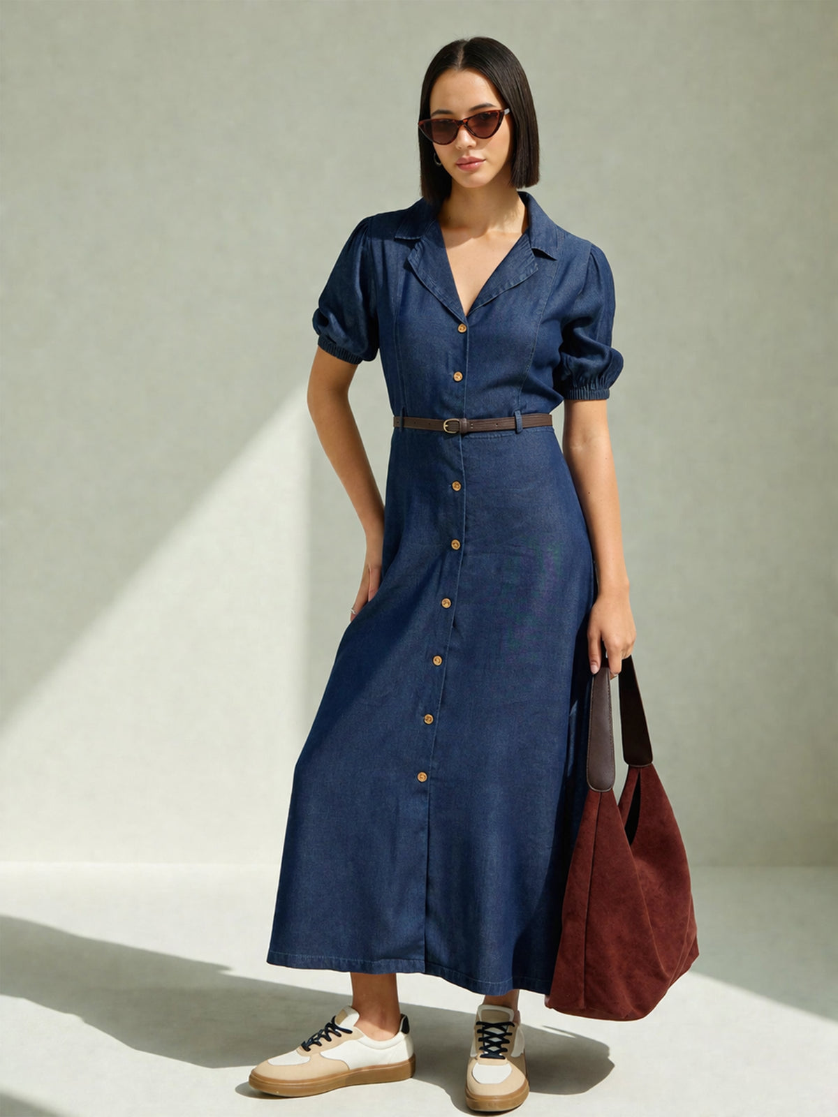 Navy Notch Collar Front Button Down Midi Dress -SASSAFRAS