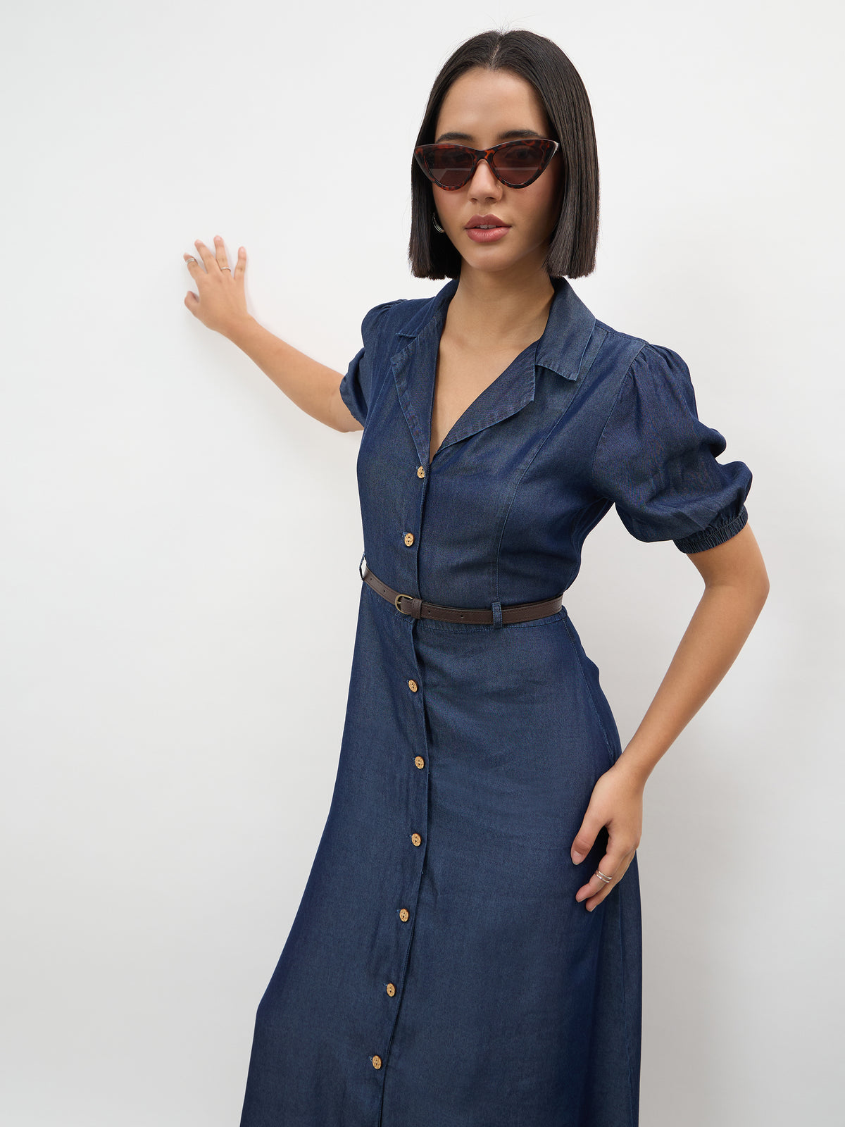 Navy Notch Collar Front Button Down Midi Dress -SASSAFRAS