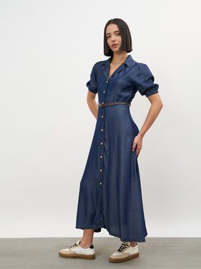 Navy Notch Collar Front Button Down Midi Dress -SASSAFRAS