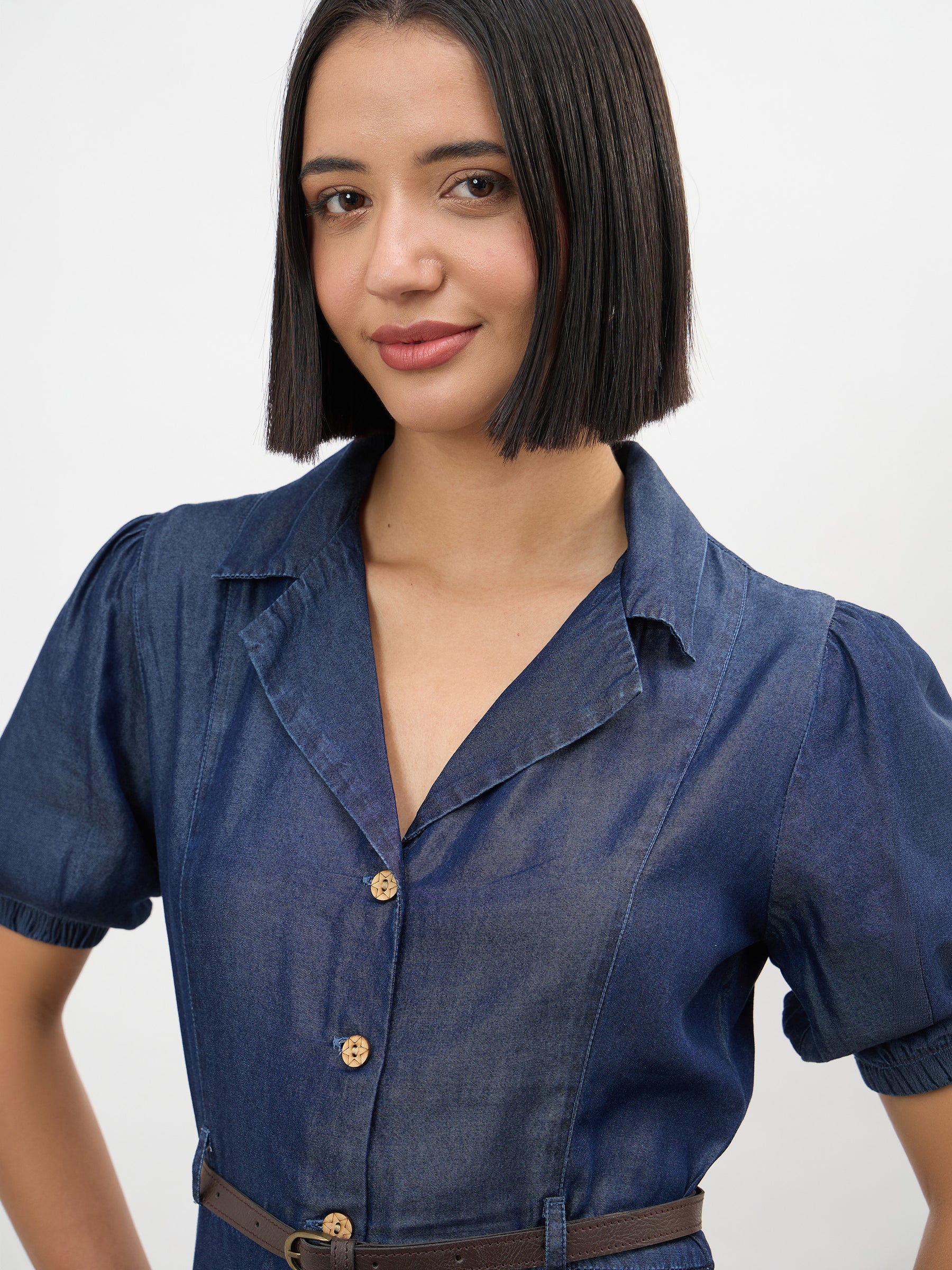 Navy Notch Collar Front Button Down Midi Dress -SASSAFRAS