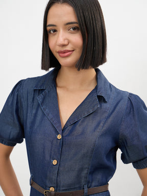 Navy Notch Collar Front Button Down Midi Dress -SASSAFRAS