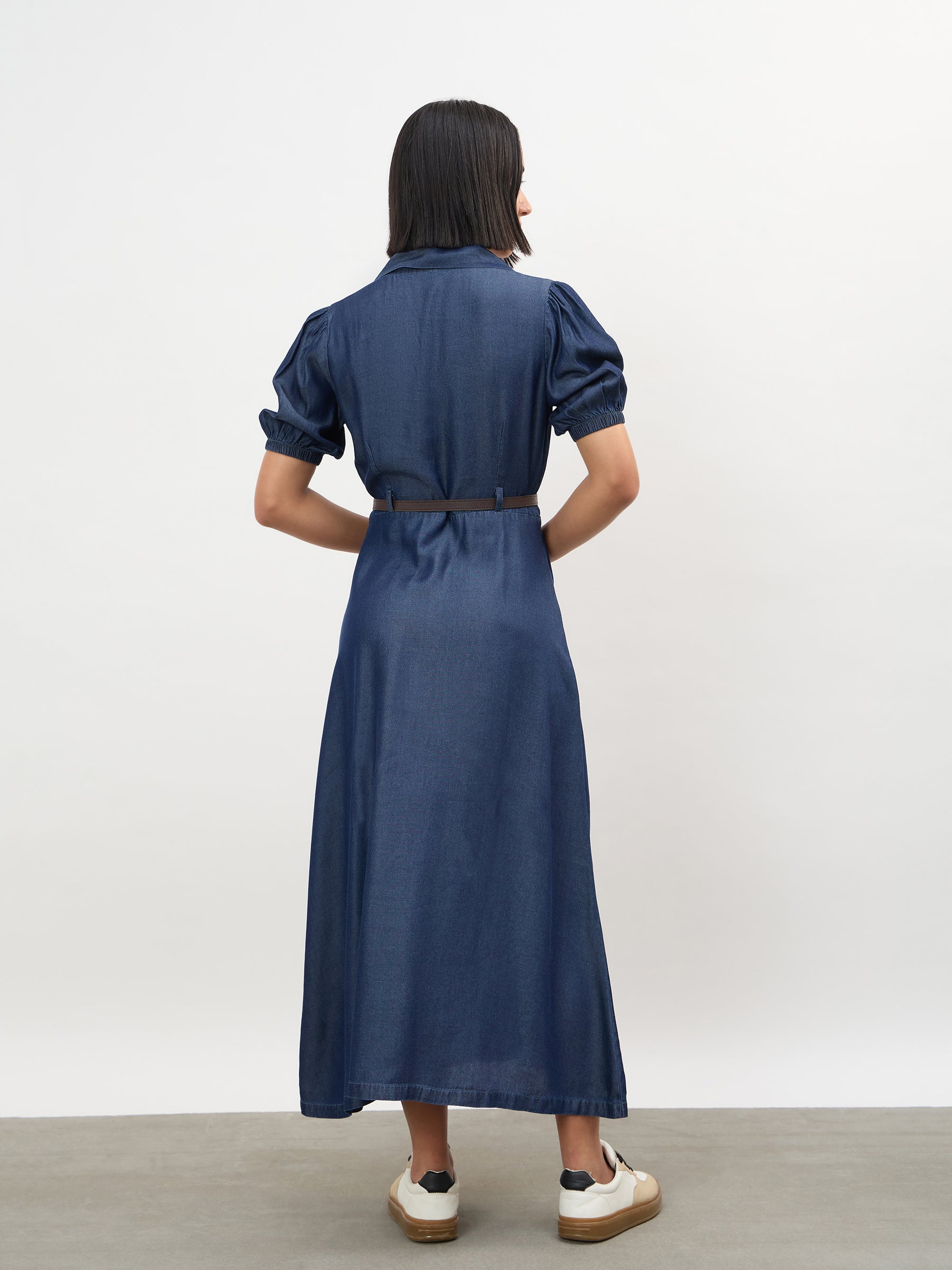 Navy Notch Collar Front Button Down Midi Dress -SASSAFRAS