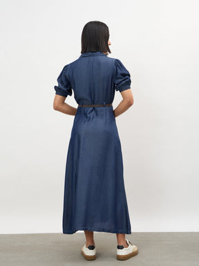 Navy Notch Collar Front Button Down Midi Dress -SASSAFRAS