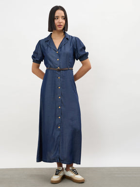 Women Navy Notch Collar Front Button Down Midi Dress