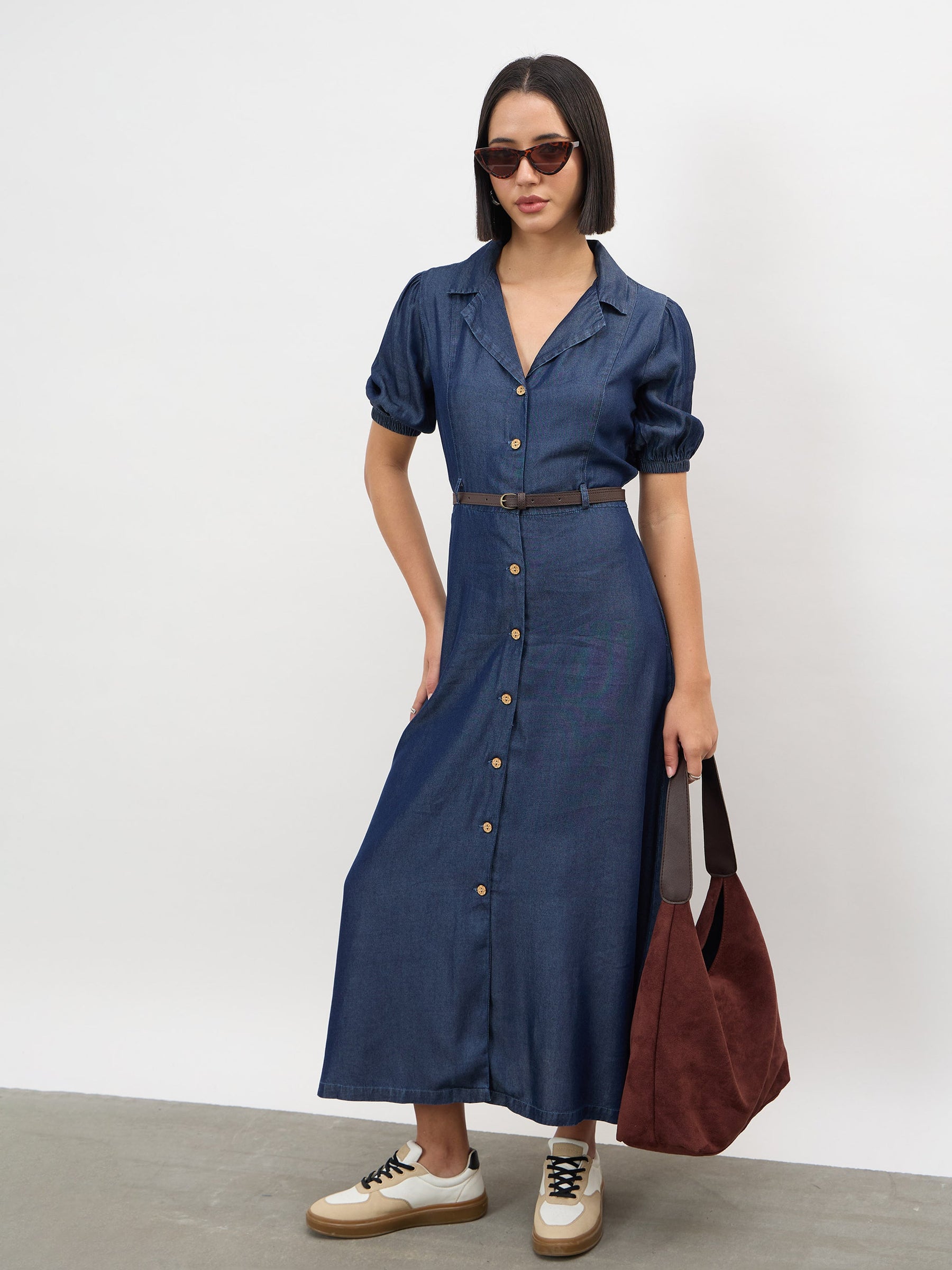 Women Navy Notch Collar Front Button Down Midi Dress