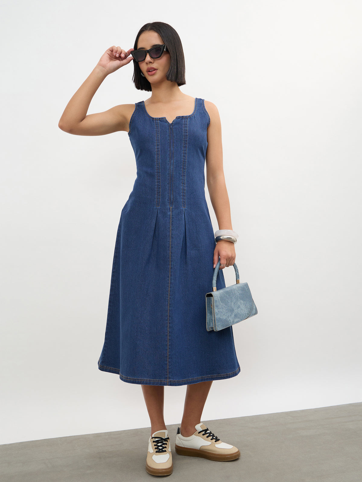 Navy Blue Sweetheart Neck A-Line Midi Dress-SASSAFRAS
