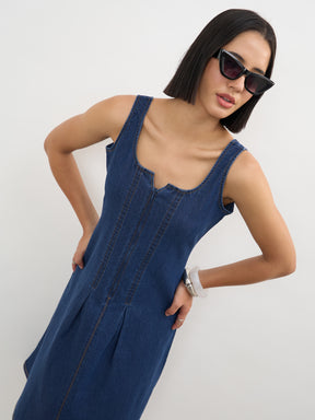Navy Blue Sweetheart Neck A-Line Midi Dress-SASSAFRAS