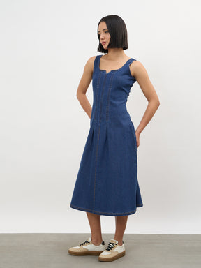 Navy Blue Sweetheart Neck A-Line Midi Dress-SASSAFRAS