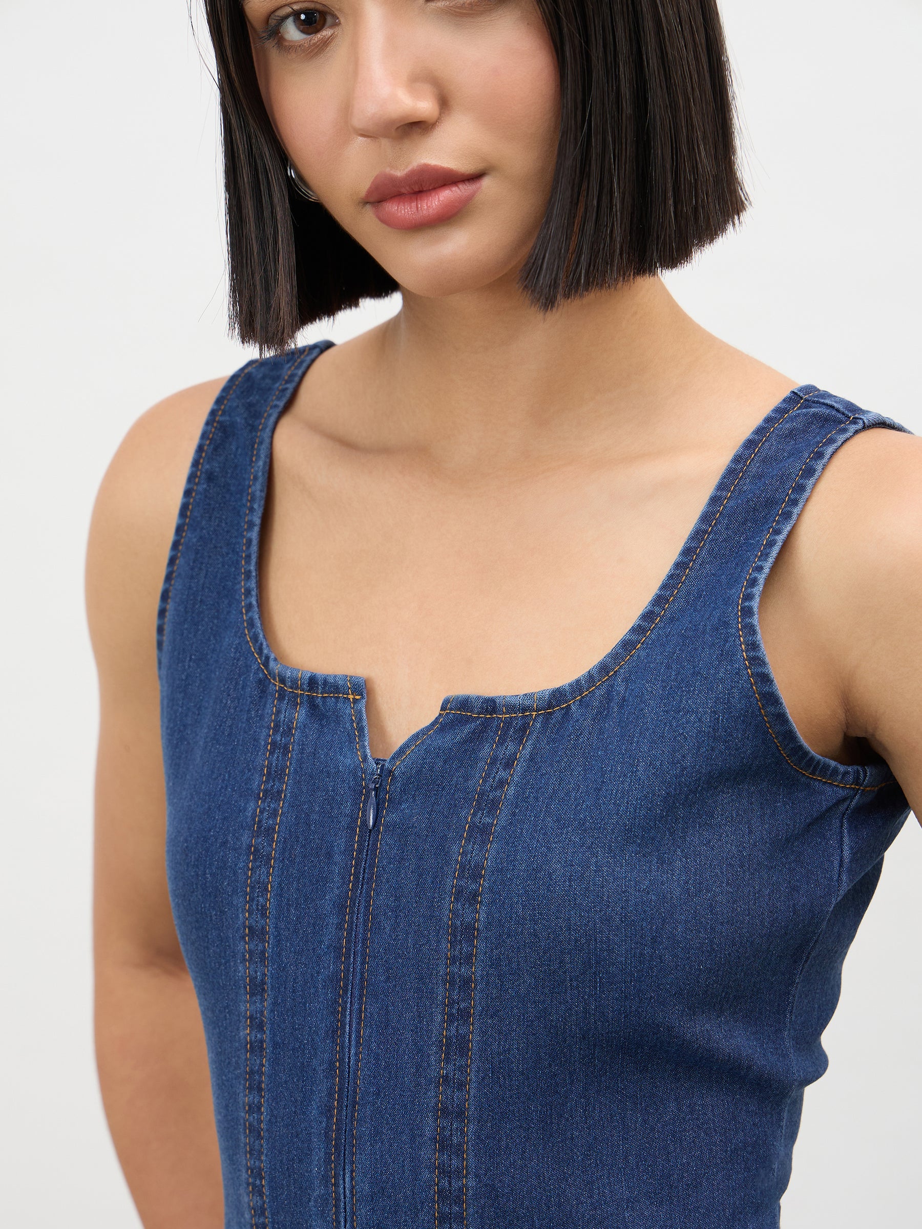 Navy Blue Sweetheart Neck A-Line Midi Dress-SASSAFRAS