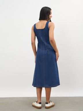 Navy Blue Sweetheart Neck A-Line Midi Dress-SASSAFRAS