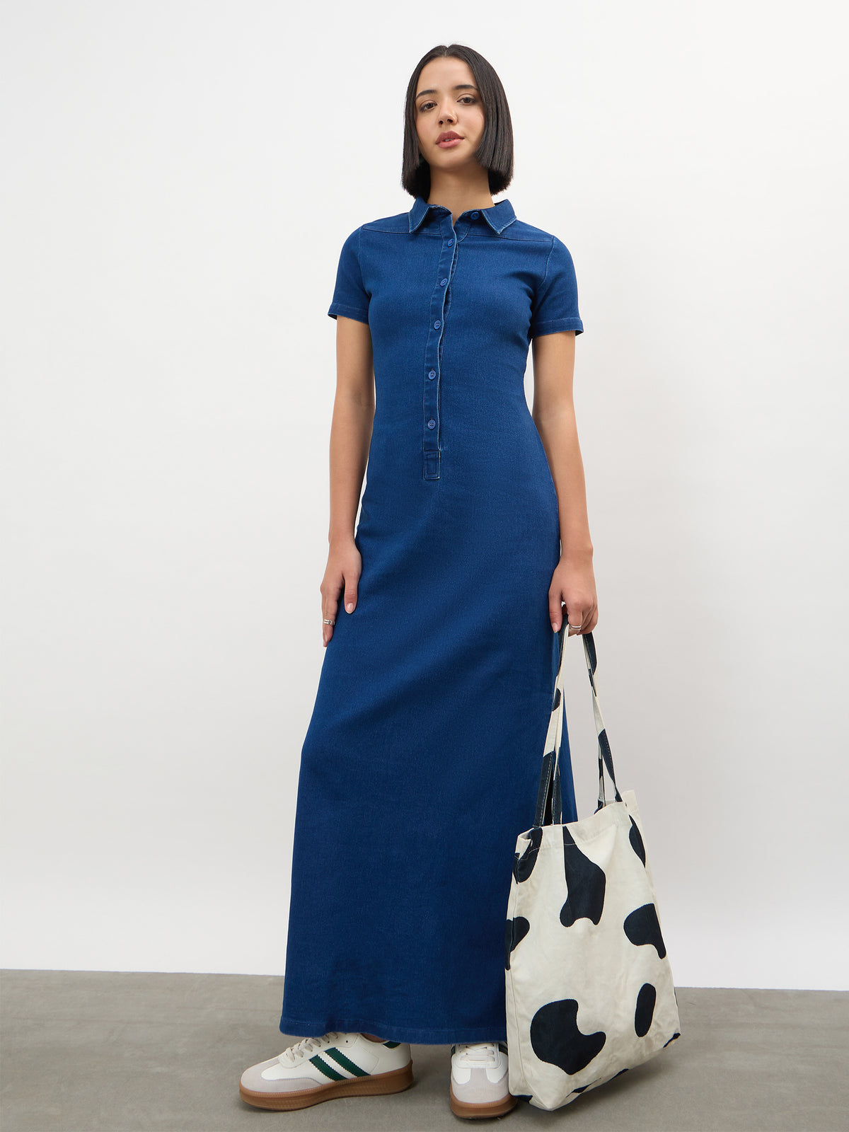Blue Front Button Straight Maxi Dress-SASSAFRAS
