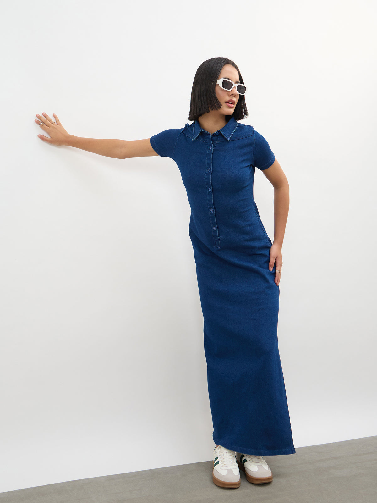Blue Front Button Straight Maxi Dress-SASSAFRAS