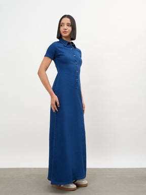 Blue Front Button Straight Maxi Dress-SASSAFRAS
