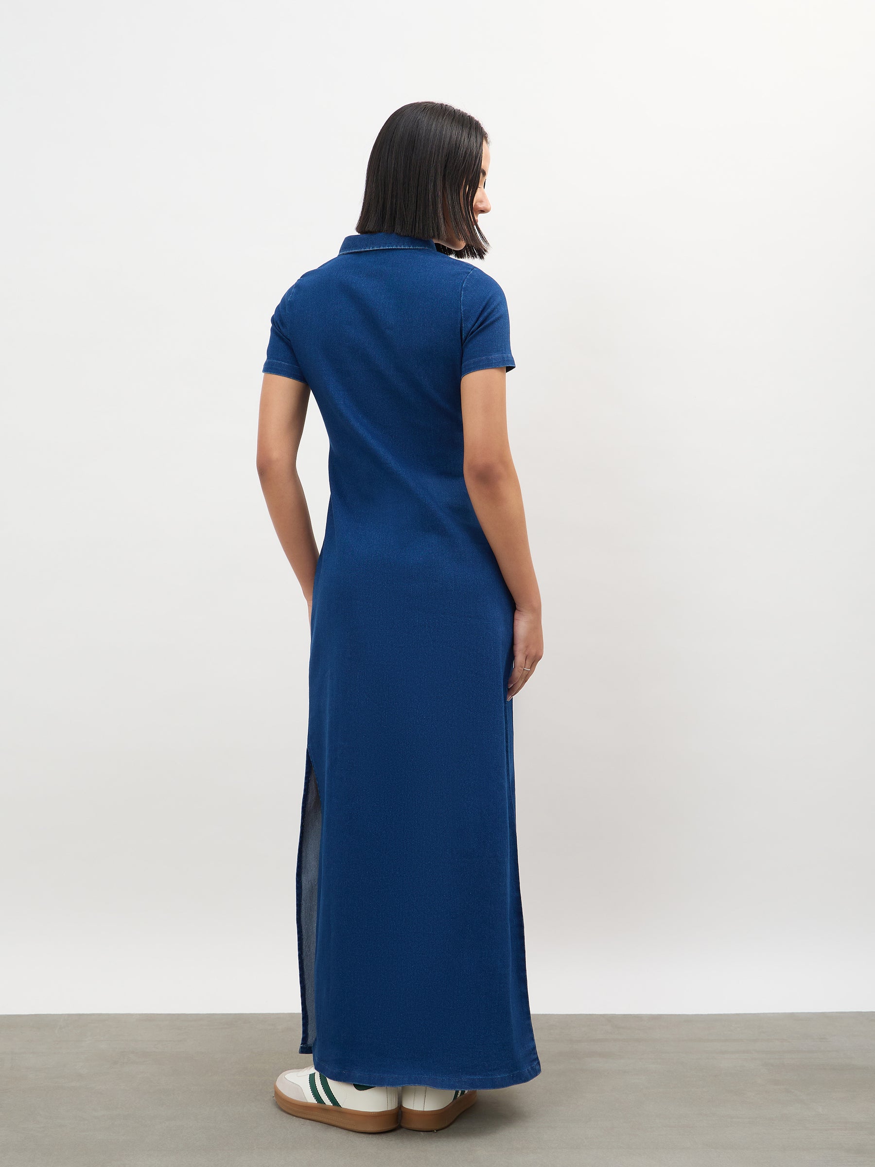 Blue Front Button Straight Maxi Dress-SASSAFRAS