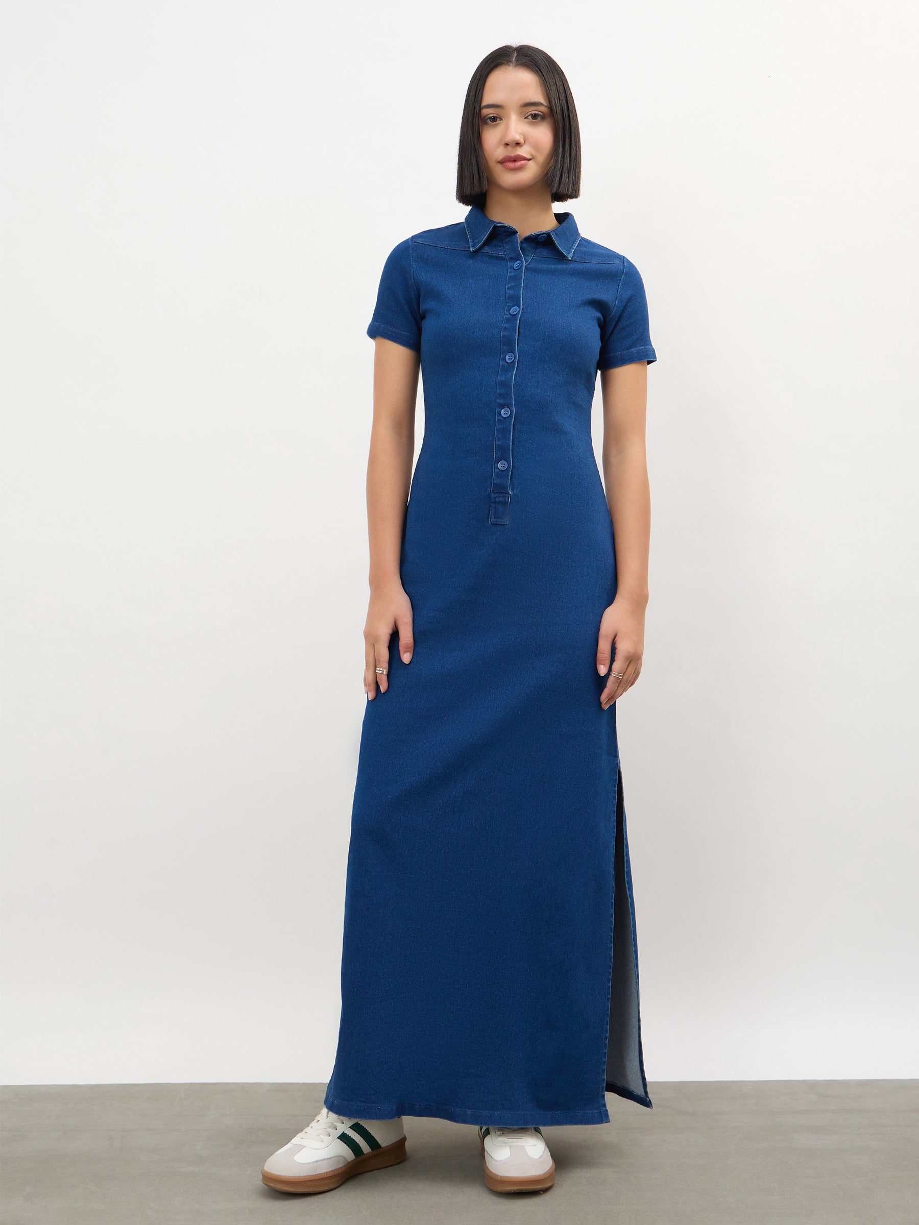 Women Blue Front Button Straight Maxi Dress
