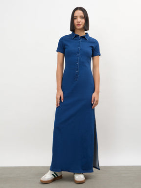 Women Blue Front Button Straight Maxi Dress