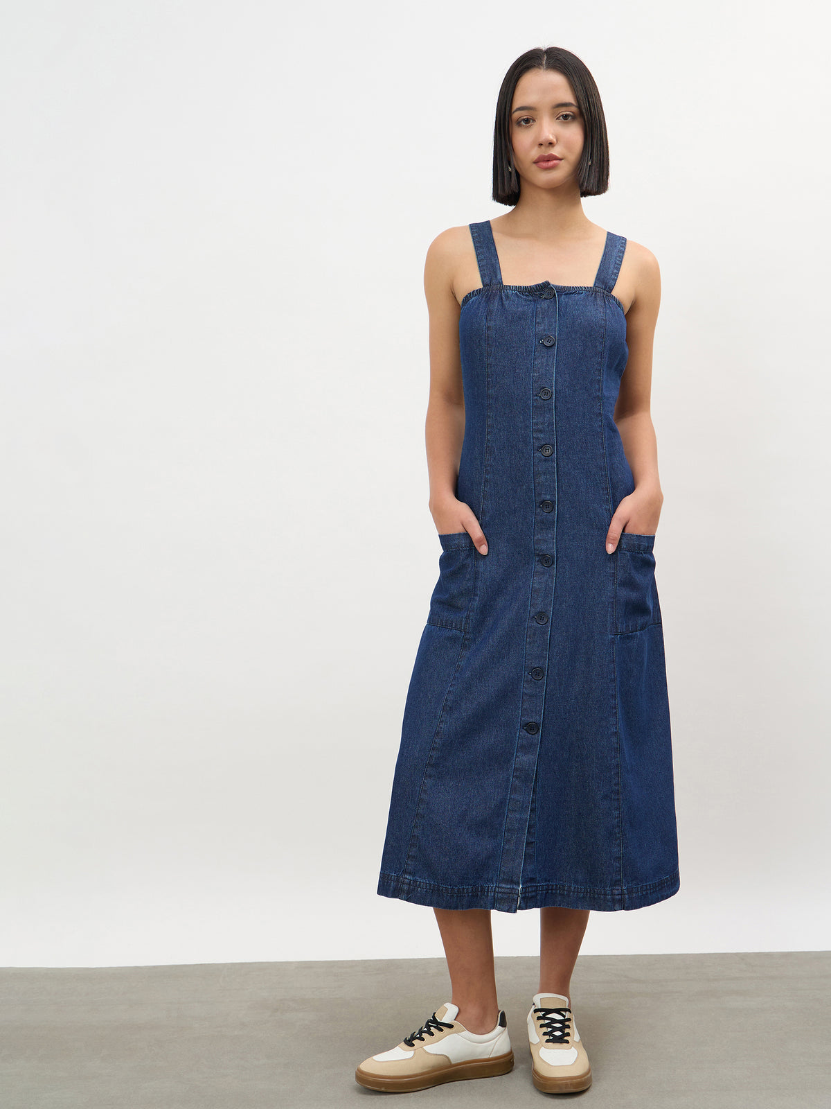 Navy Strappy Button Down A-Line Midi Dress-SASSAFRAS