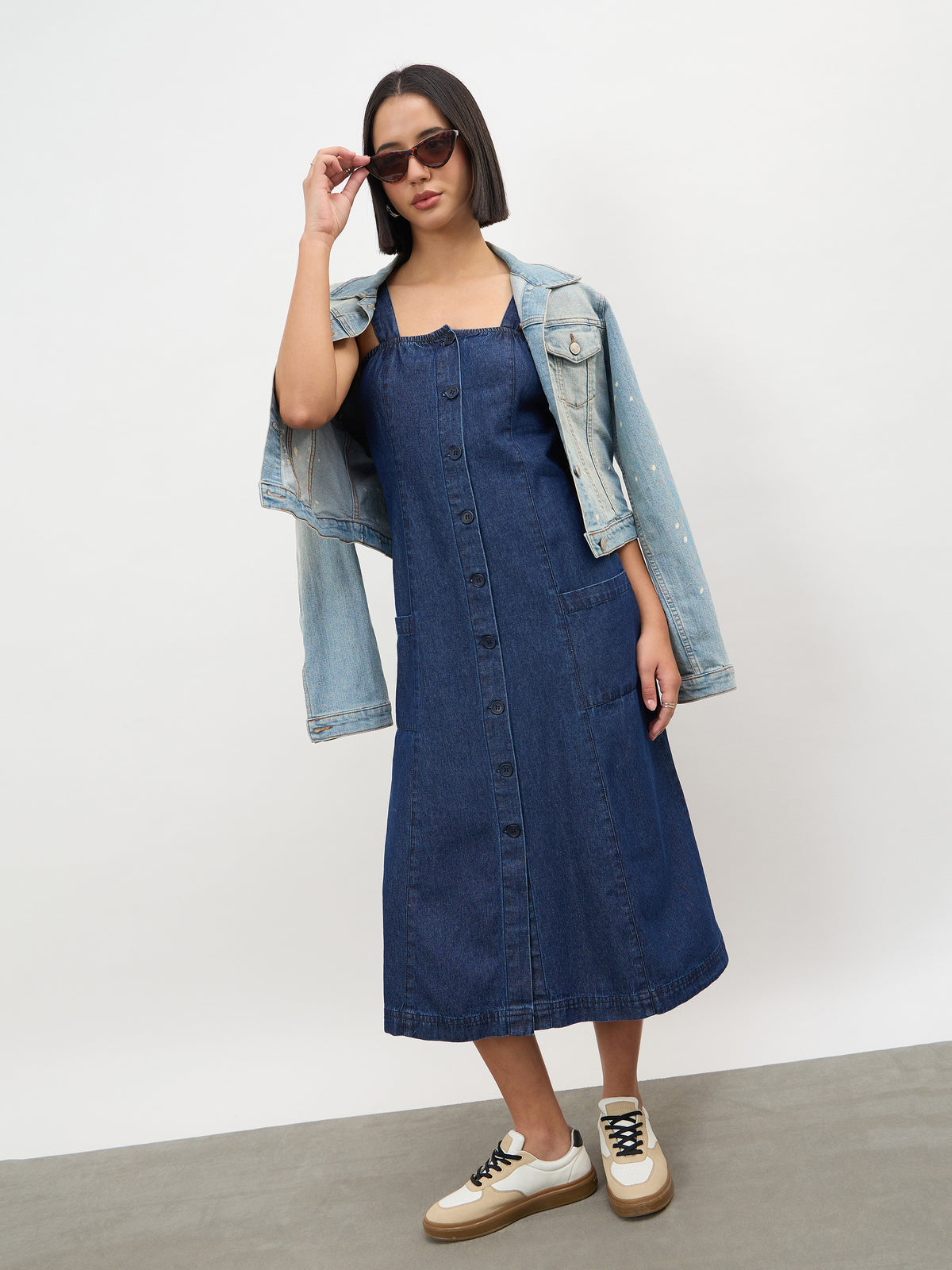 Navy Strappy Button Down A-Line Midi Dress-SASSAFRAS