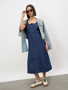 Navy Strappy Button Down A-Line Midi Dress-SASSAFRAS