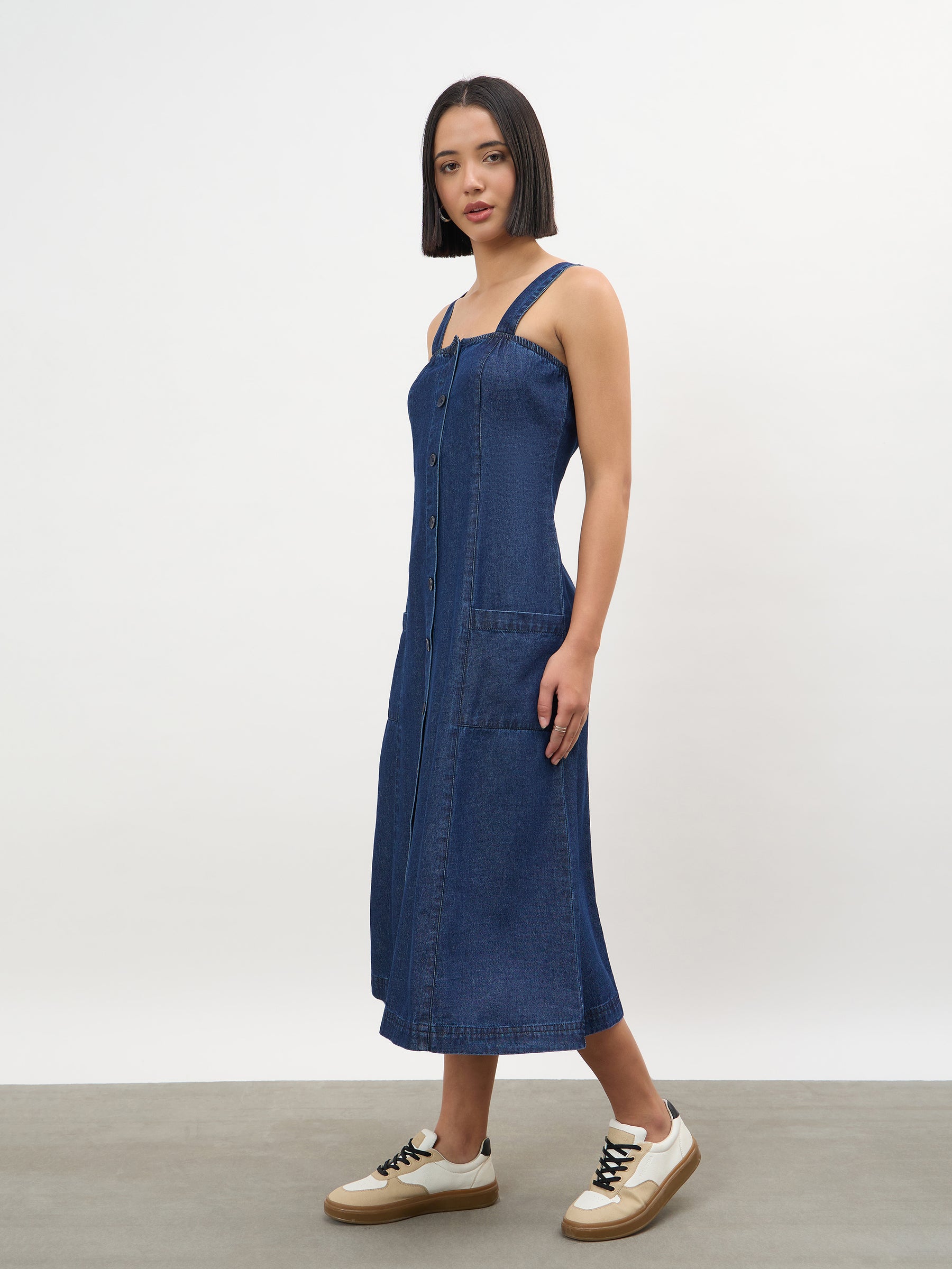 Navy Strappy Button Down A-Line Midi Dress-SASSAFRAS
