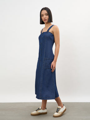 Navy Strappy Button Down A-Line Midi Dress-SASSAFRAS