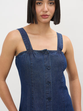Navy Strappy Button Down A-Line Midi Dress-SASSAFRAS