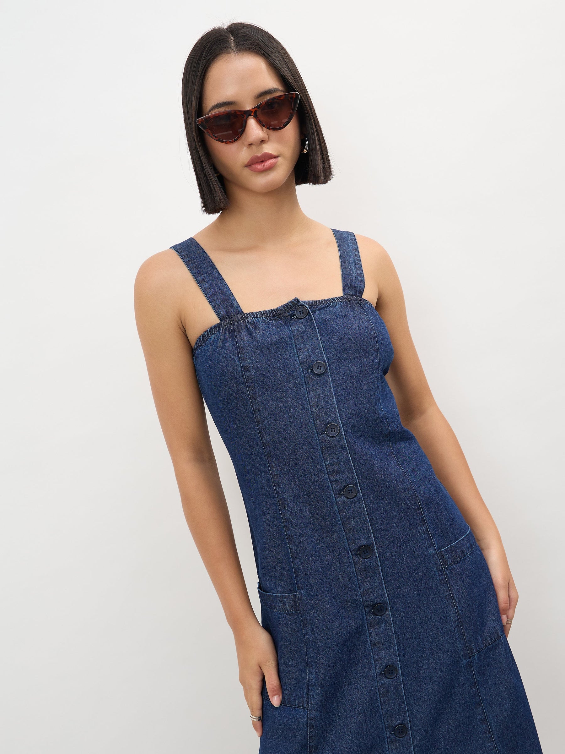 Women Navy Strappy Button Down A-Line Midi Dress
