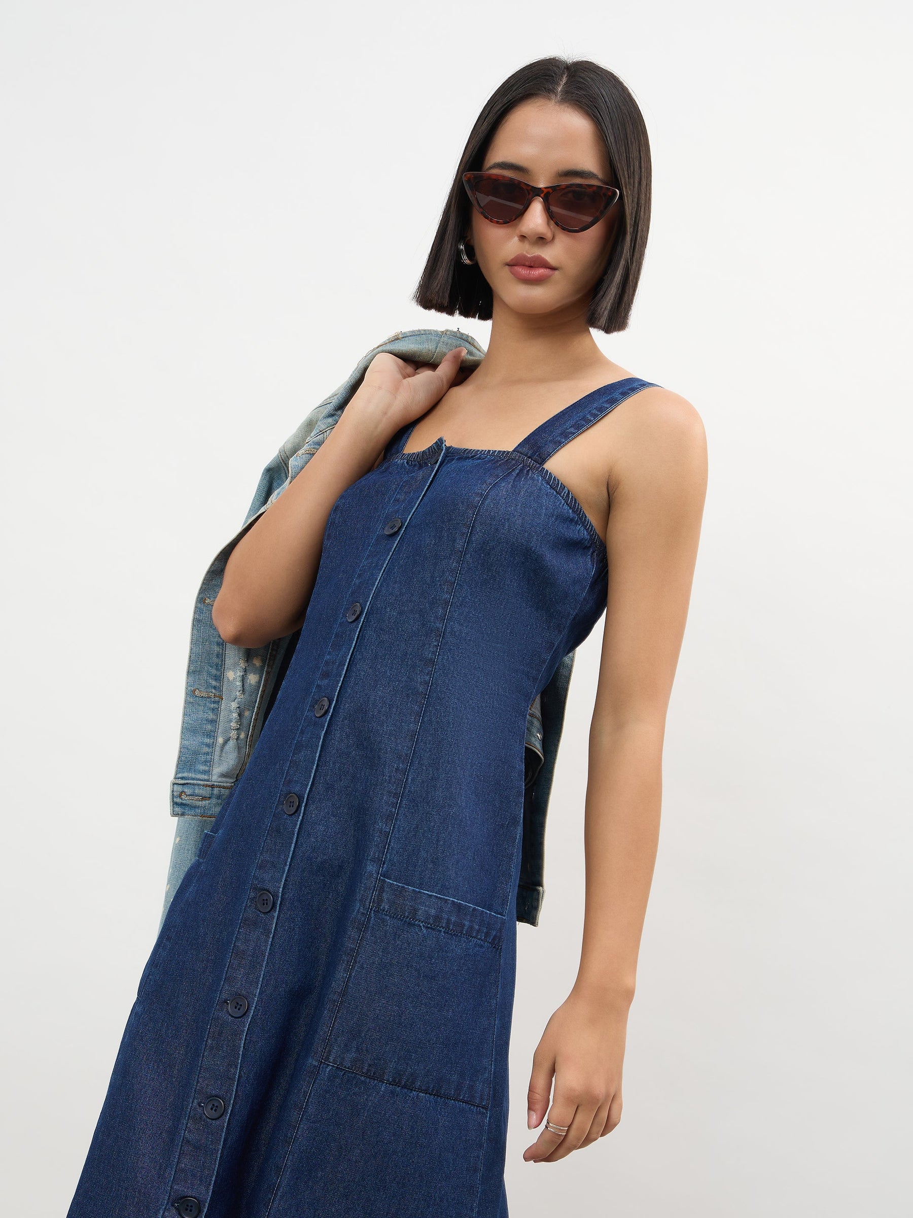 Women Navy Strappy Button Down A-Line Midi Dress
