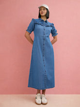 Blue Blast Front Yoke Button Down Maxi Dress-SASSAFRAS