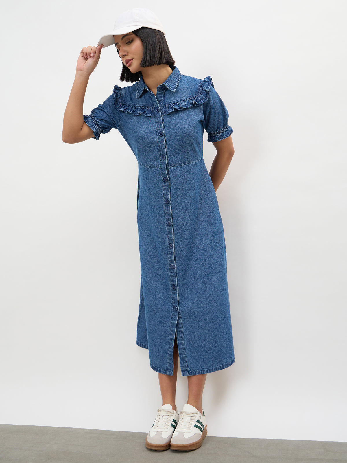 Blue Blast Front Yoke Button Down Maxi Dress-SASSAFRAS