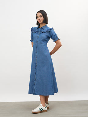 Blue Blast Front Yoke Button Down Maxi Dress-SASSAFRAS