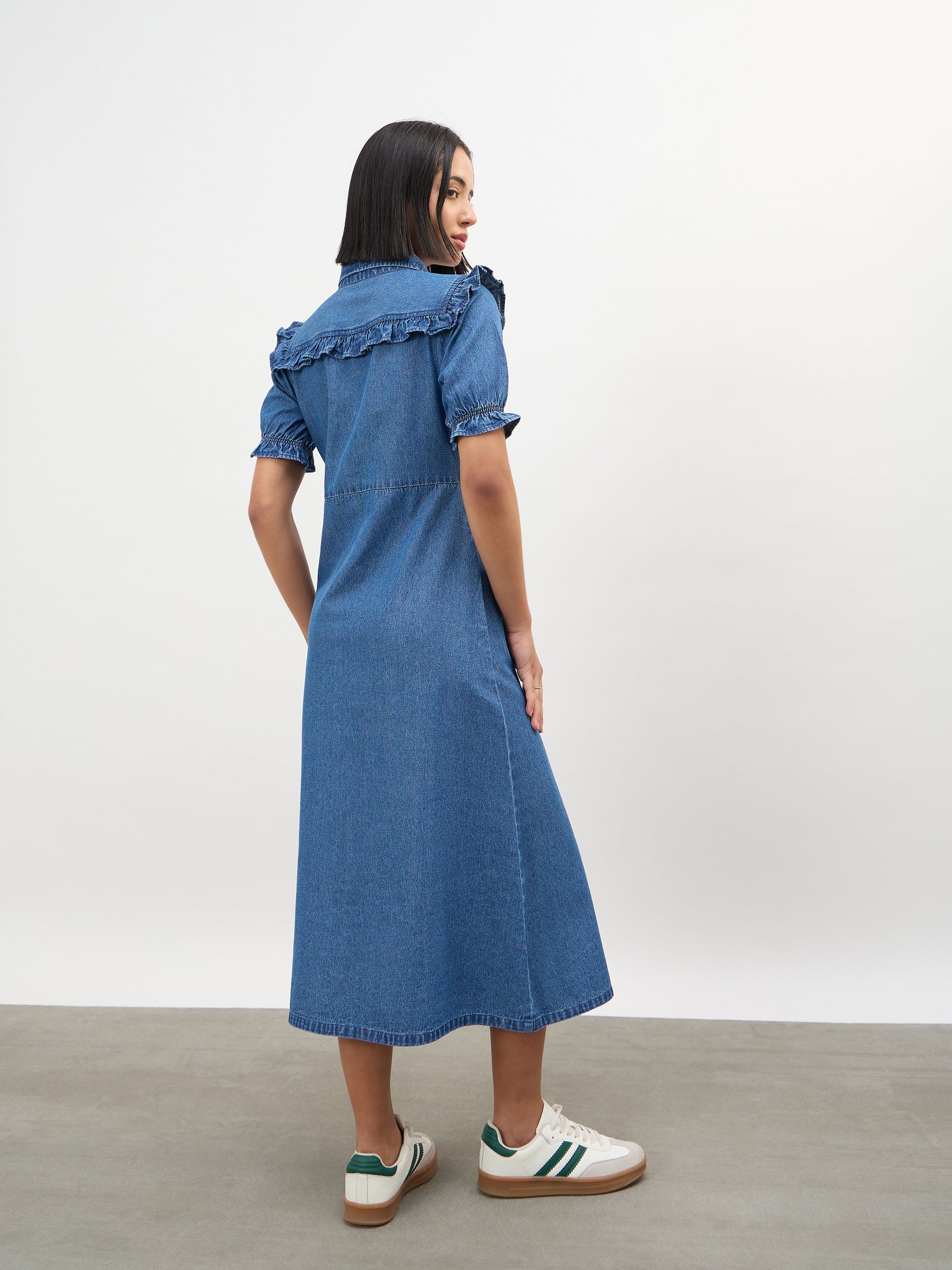 Blue Blast Front Yoke Button Down Maxi Dress-SASSAFRAS