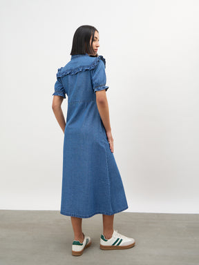 Blue Blast Front Yoke Button Down Maxi Dress-SASSAFRAS