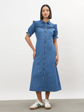 Women Blue Blast Front Yoke Button Down Maxi Dress