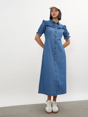 Women Blue Blast Front Yoke Button Down Maxi Dress