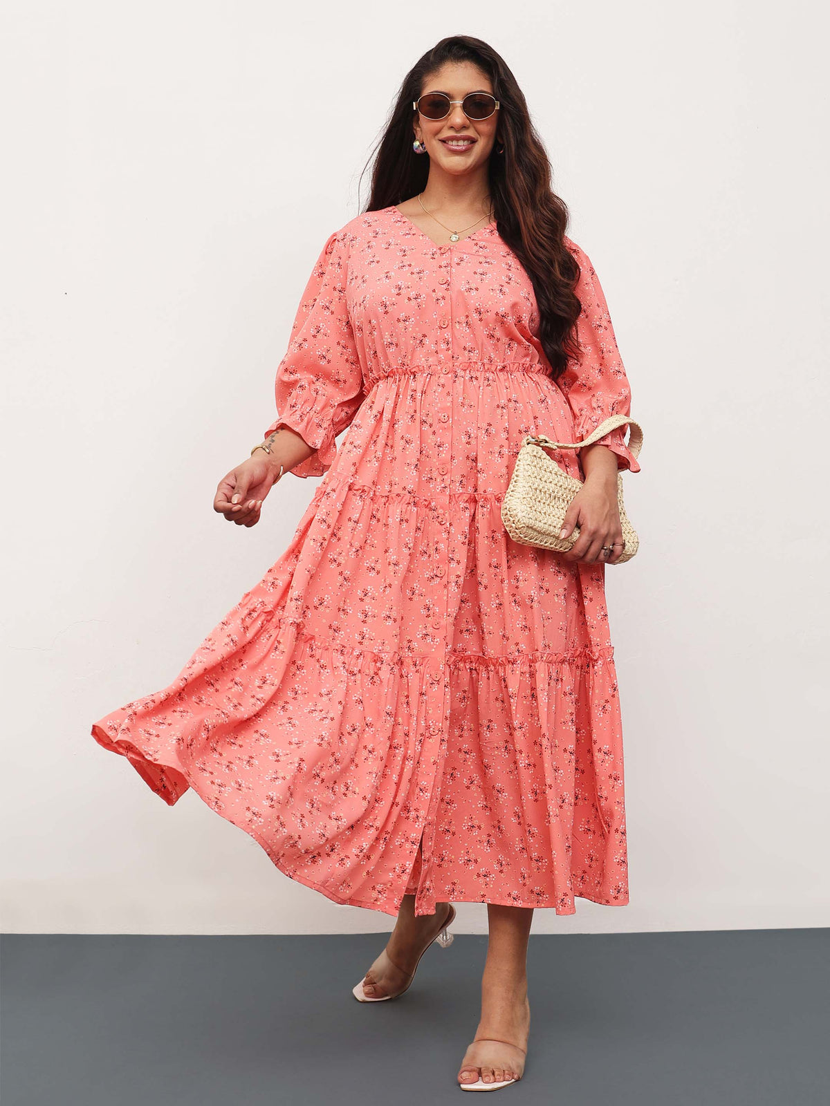 Peach Ditsy Floral Front Button Down Tiered Maxi Dress-SASSAFRAS Curve