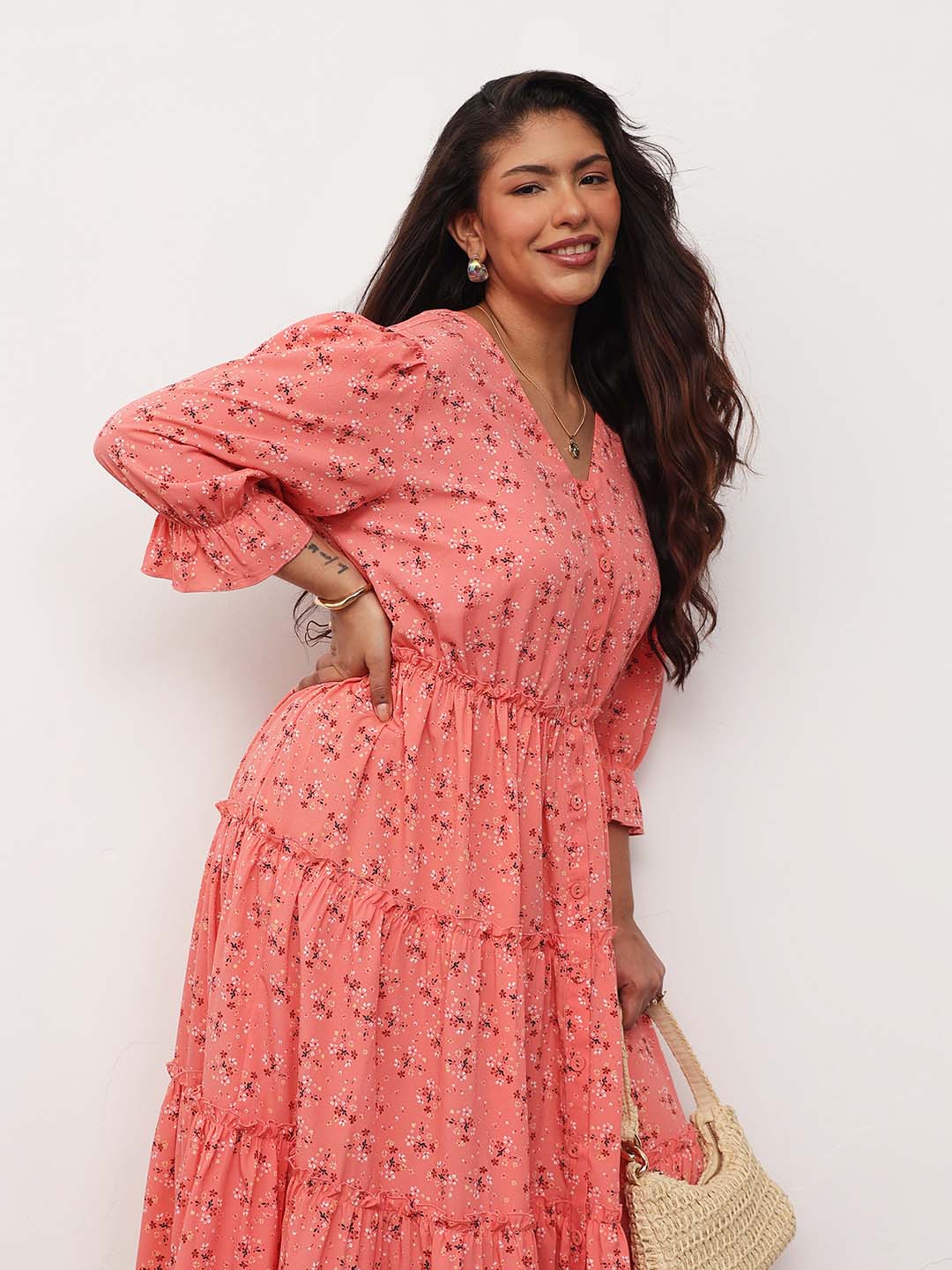 Peach Ditsy Floral Front Button Down Tiered Maxi Dress-SASSAFRAS Curve