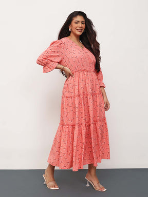 Peach Ditsy Floral Front Button Down Tiered Maxi Dress-SASSAFRAS Curve
