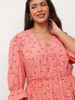 Peach Ditsy Floral Front Button Down Tiered Maxi Dress-SASSAFRAS Curve
