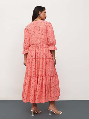 Peach Ditsy Floral Front Button Down Tiered Maxi Dress-SASSAFRAS Curve