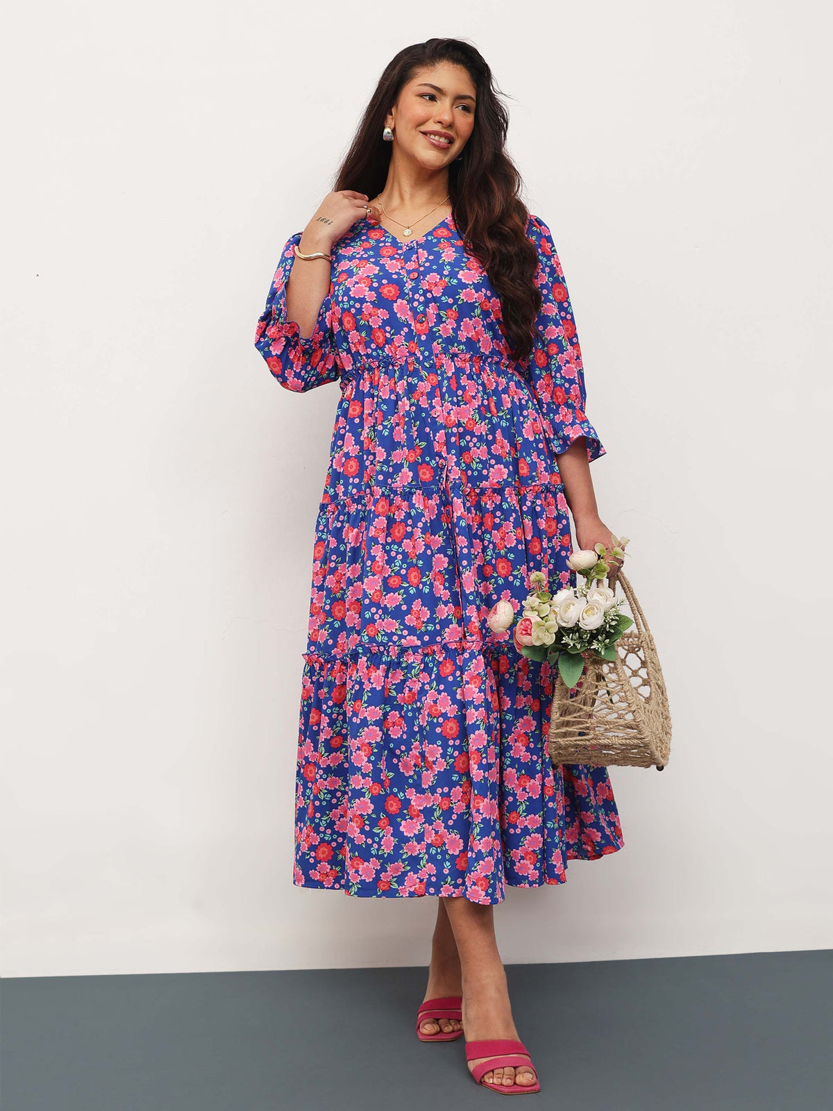 Blue & Pink Floral Front Button Down Tiered Maxi Dress-SASSAFRAS Curve