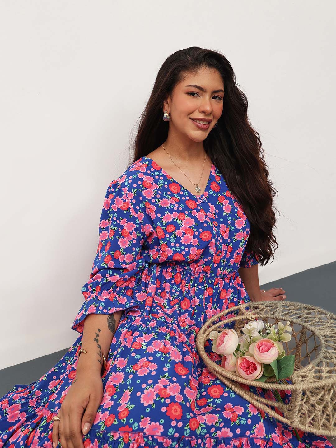 Blue & Pink Floral Front Button Down Tiered Maxi Dress-SASSAFRAS Curve