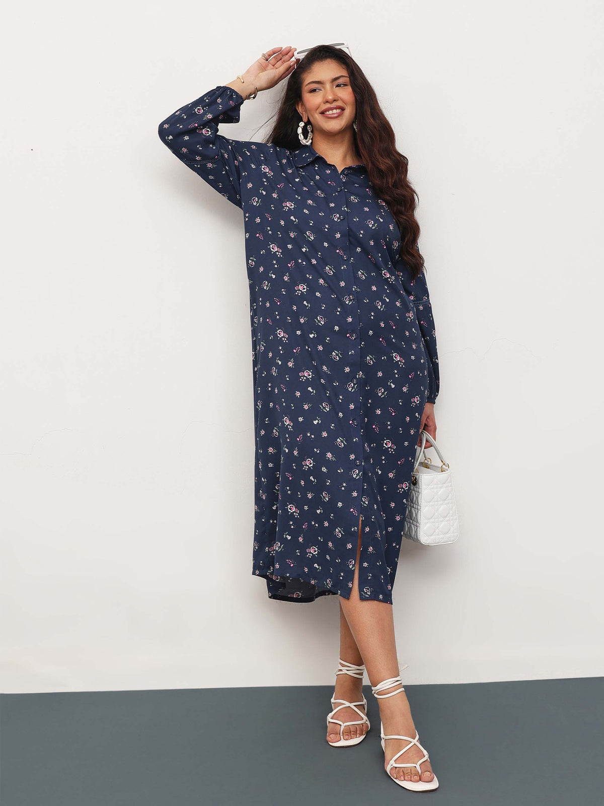 Navy Ditsy Floral Longline Shirt Dress-SASSAFRAS Curve